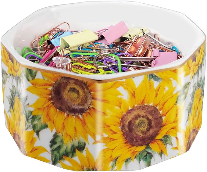 Ceramic Paper Clip Holder Gold Line Paper Clip Dispenser Organizer for Desk Cute Floral Flower Pattern Office Binder Clip Holder Bobby Pin and Hair Clip Holder Gift for Office Sunflowers