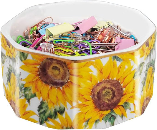 Ceramic Paper Clip Holder Gold Line Paper Clip Dispenser Organizer for Desk Cute Floral Flower Pattern Office Binder Clip Holder Bobby Pin and Hair Clip Holder Gift for Office Sunflowers