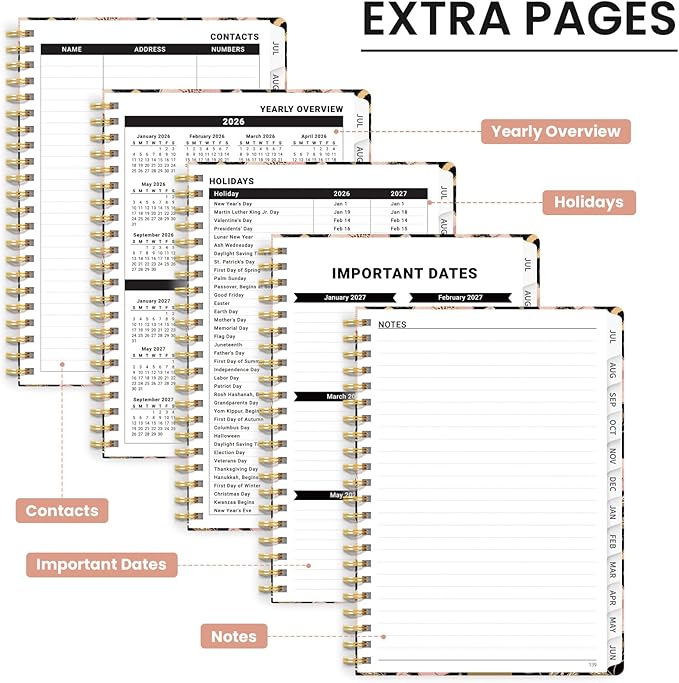 2026–2027 Academic Planner, Weekly and Monthly Planner for Women, July 2026 - June 2027, Pretty Hardcover 2026–2027 Academic Planner with Tabs, Inner Pocket, Spiral Bound, Perfect Office Home School Supplies - 6.3" x 8.5", Bee Blossom