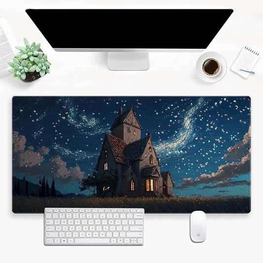 Anime Art Starry Sky Castle Desk Mat XL Large Gaming Mouse Pad | 31.5x15.7in, Non-Slip Base, Stitched Edges, Washable, Office Decor