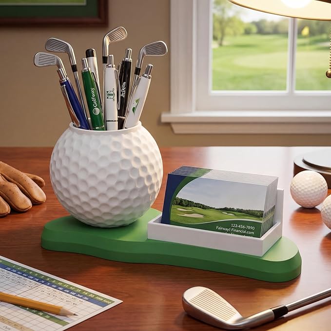 Tenceur Golf Ball Pen and Business Card Holder for Desk Organizer Funny Golf Gifts for Men Dad Father Husband Golfers Gift Mini Resin Desktop Ball Pen and Card Holder for Golfer Lover Gift Supplies