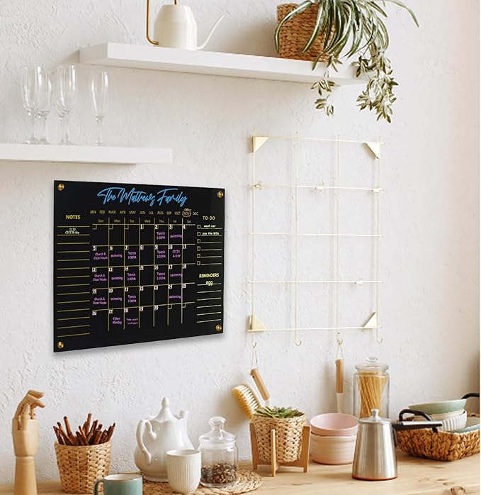 Black Acrylic Calendar Dry Erase for Wall, Family Planner, Monthly Calendar Dry Erase Whiteboard for Home, Office, 17" x 13"Reusable White Board(Acrylic-BK-3343)