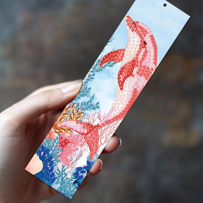 6Pcs Marine Animals 5D Diamond Art Bookmarks Turtle Dolphin Whale Diamond DIY Painting Bookmarks Rhinestones Beaded Acrylic Tassel Bookmark for Adult Beginner Crafts