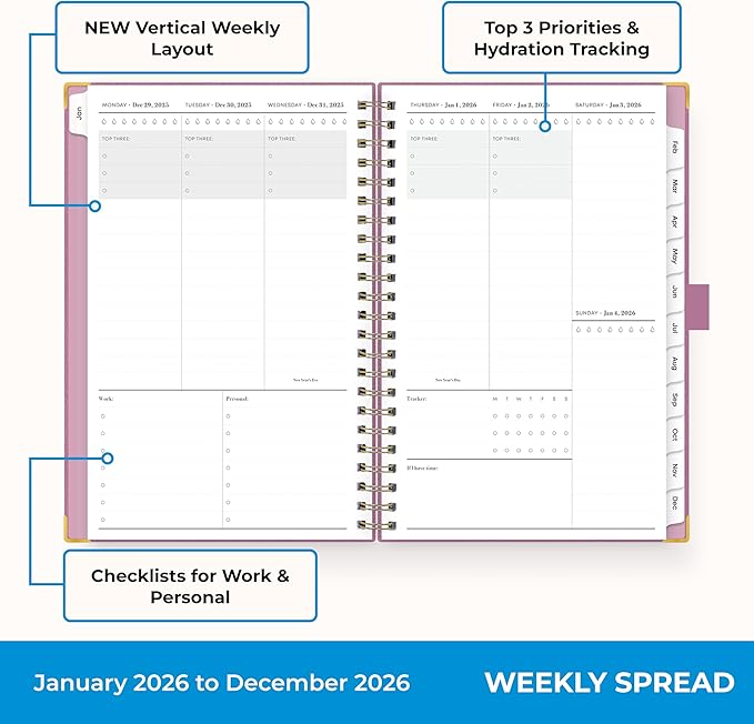 Blue Sky 2026 Weekly and Monthly Planner Calendar, January 2026 - December 2026, 5" x 8", Faux Leather Cover, Durable Twin Wire Binding, Storage Pocket, Laminated Tabs, Includes Pen Loop, Bungee, Ruler, Imperial Rose