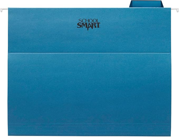School Smart Hanging File Folders, Letter Size, 1/5 Cut Tabs, Blue, Pack of 25