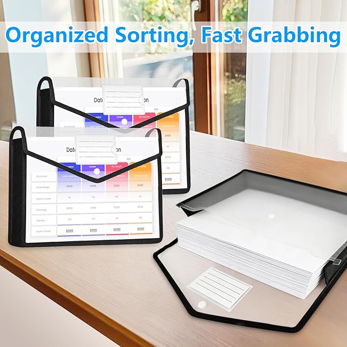 HOUYEE 2 Pack Plastic Expanding File Folder, Envelope File Folder Organizer Holder with Snap Closure, Expandable File Wallet Large Capacity, Fit Letter Size/A4 Documents（Clear with Black Trim）