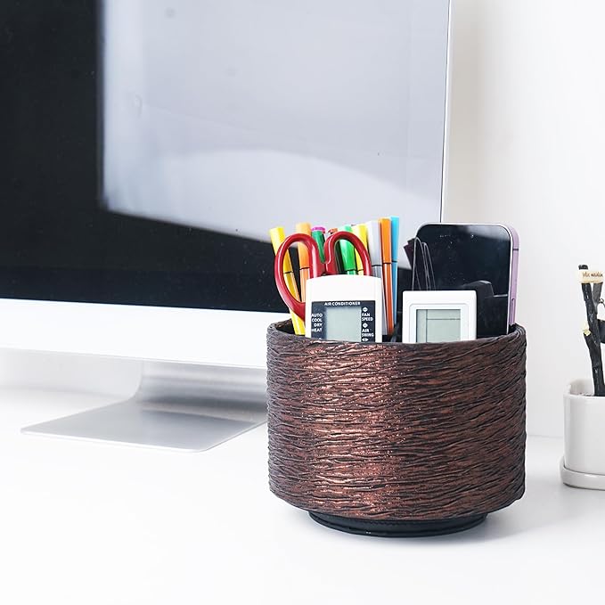 Round Leather Art Supply Organizer,Remote Control Holder,360-degree Rotating Pen Organizer with 4 Compartments(1-Light Tree Brown)