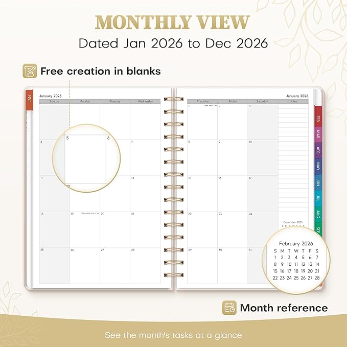 2026 Planner Weekly and Monthly, Jan.2026 - Dec.2026, Hardcover Calendar 2026 Agenda Daily Planner Book Spiral Notebook with Monthly Tabs, 6.1" x 8.3", Calm Vine