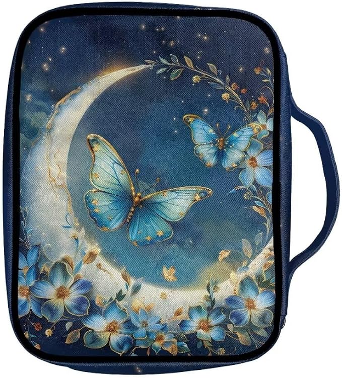 Coldinair Moon Butterfly Bible Cover for Women Girls Nylon Bible Holder Carrier Carrying Organizer Bible Bag, Zipper and Pockets for Standard Large Size Bible