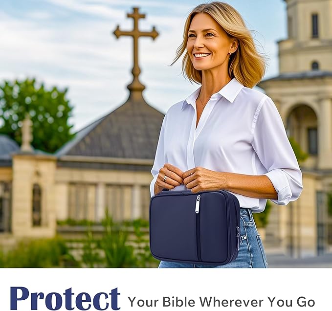 Small Bible Cover Case for Women and Men, 9x6 PU Leather Bible Sleeve, Compact Travel Bible Carrier Bag with Front Pen Holders, Zipper Closure, Inner Pockets - Navy Blue