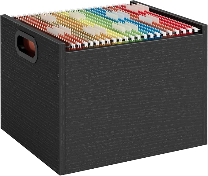 ROSONG Black Wood File Organizer Box - Filing Bin for Letter & A4 Size Wood Decorative Hanging File Folders Storage Crate with Handle, Sturdy Home Office Filing Cabinet System