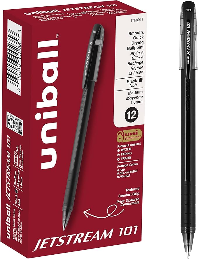 uniball Jetstream 101 Ballpoint Pens, Medium Point (1.0mm), Black, 12 Pack