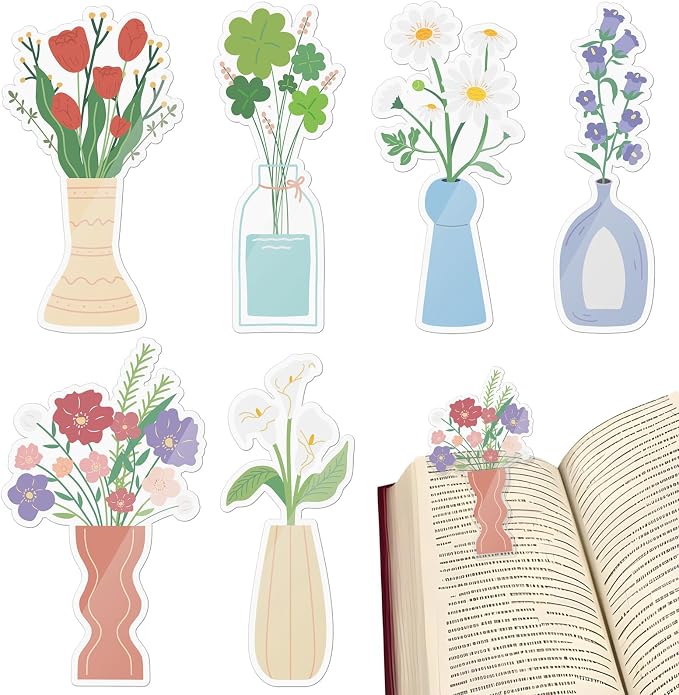 Honoson 6 Pcs Flower Vase Bookmarks Tea Garden Coquette Design Bookmarks Cute Hand Embroidered Gift for Women Mom Mother's Day Book Reading Lovers Gift