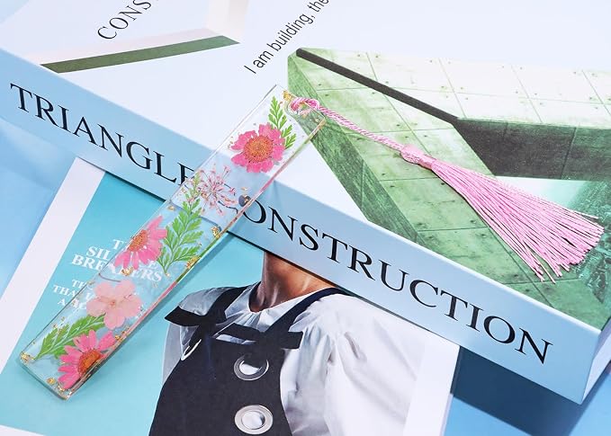 Penta Angel Dried Flower Resin Bookmarks Handmade Clear Pressed Floral Page Markers with Silky Tassel Reading Gift for Women Adults Graduation Valentine’s Day Christmas (Pink & Green)