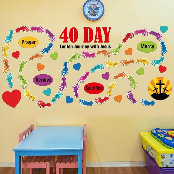 Mooliwe 67 Pcs Religious Bulletin Board Set 40 Day Lenten with Jesus Bulletin Boards Sunday School Decoration Christian Bulletins Board Cutouts for Church Sunday School Classroom Chalkboard Wall Decor