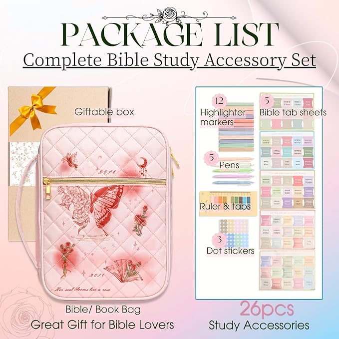 Pink Bible Cover Case: Mothers Day Gifts Large Quilted Bible Bag with Multi Pockets 26 Pcs Study Supplies Journaling Kit, Durable Book Carrying Cases Presents with Butterflies Rose Print