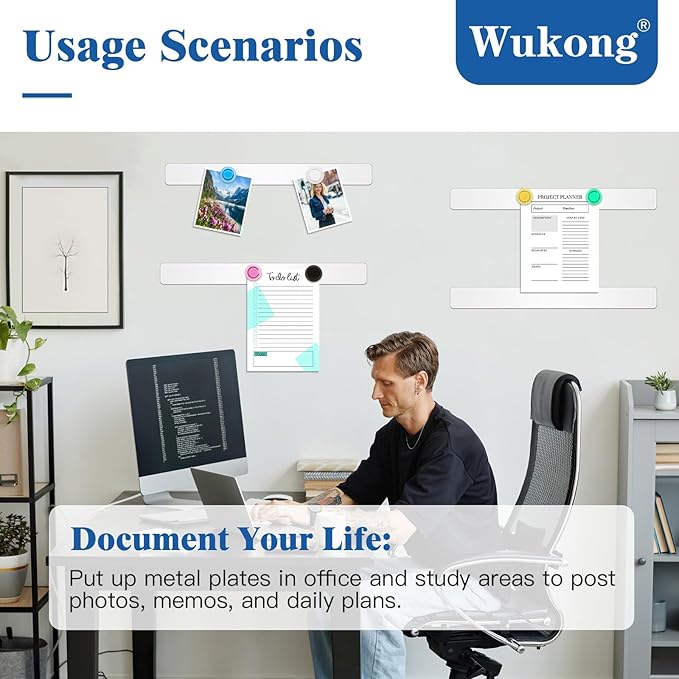 Wukong 4 Pack | 30x3cm(11.81 x 1.18) Magnetic Stainless White Boards Strips, Adhesive Backing Bulletin Bar Board, Memo Board with 16Pcs Colorful Magnets for Office, Home, Photo Wall, Documents