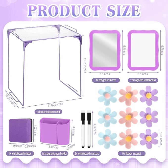 Colarr 16 Pcs Purple Locker Accessories for Girls Includes Magnetic Whiteboard & Mirror Locker Shelf Pen Holder 2 Dry Erase Marker & Eraser 9 Flowers for Back to School Essentials Decoration