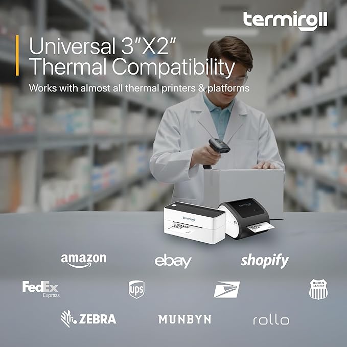 3x2 Direct Thermal Barcode Labels (500/Roll), Perforated Product & Inventory Stickers 76x51mm, Strong Adhesive with Clean, Clear Prints, Compatible with Rollo, Zebra, Munbyn, iDPRT & Jadens
