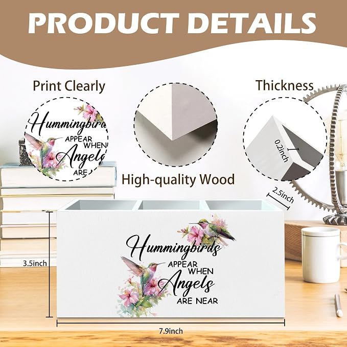 DILSJ Memorial Gifts Pen Pencil Holder Organizer for Desk, Sympathy Bereavement Gifts for Women, Hummingbird Floral Wooden Box Signs for Home Bedroom Office Desk Tabletop Decoration Supplies