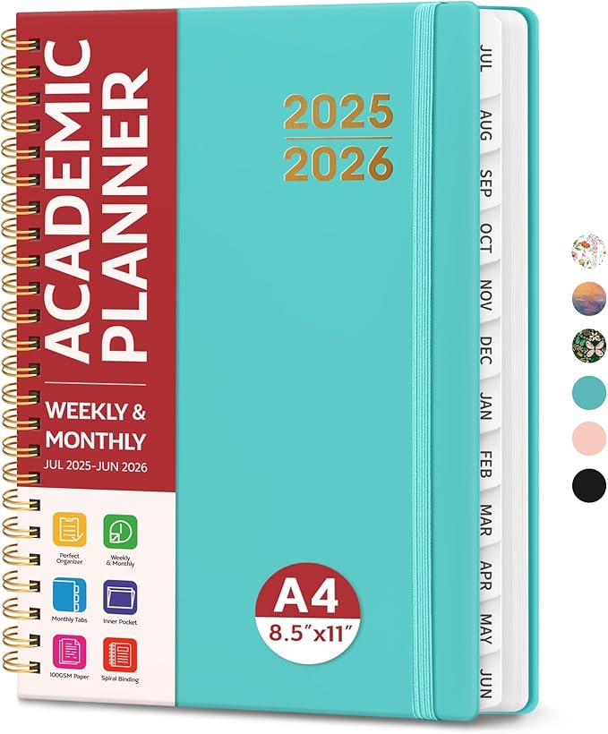 Academic Planner 2025-2026 For Women & Men, Monthly and Weekly Calendar Planner, Jul 2025 - Jun 2026, A4 (8.5" x 11"), Teacher Student Planning Book with Tabs, Ideal for Office School Supplies - Aquamarine