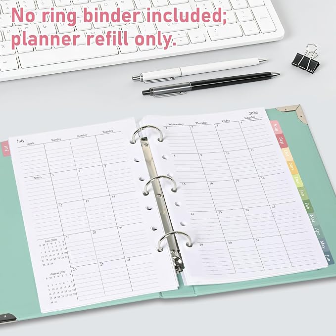 2026-2027 Monthly Planner Refill for A5 7-Ring Binders, 5.5" x 8.5" Medium Size Planner Inserts, Jul. 2026 - Dec. 2027, 18 Monthly Calendars with Colorful Laminated Tabs, 7-Hole Punched