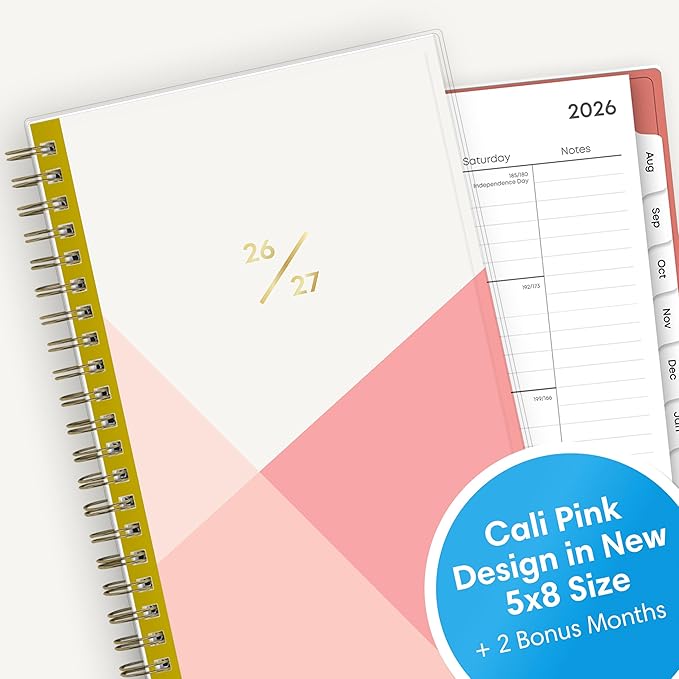 Blue Sky 2026-2027 Weekly and Monthly Academic Year Planner Calendar, July 2026 - June 2027, 5" x 8", Clear Pocket Cover, Wirebound, Laminated Tabs, Cali Pink