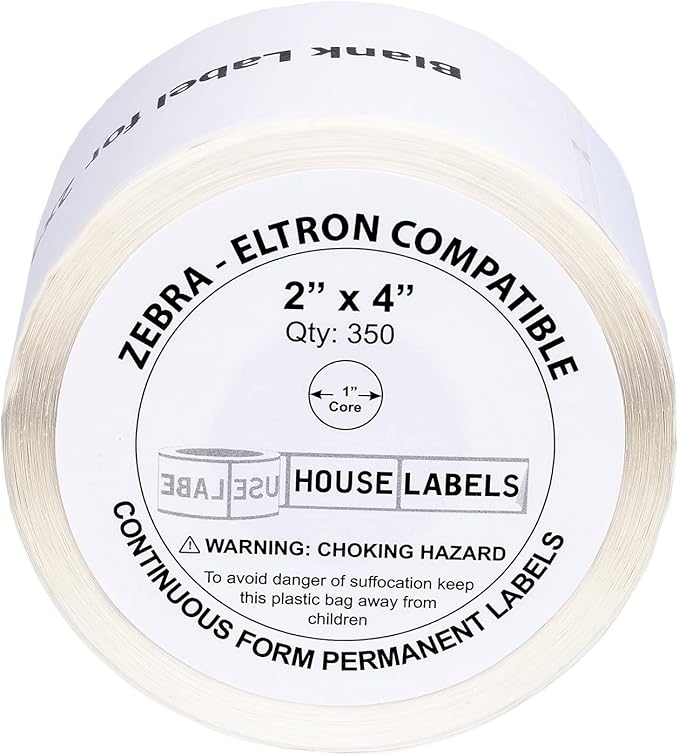 HOUSELABELS 2" x 4" Barcode Labels on 1" Core Compatible with Zebra and Rollo Printers, 60 Rolls / 350 Labels per Roll