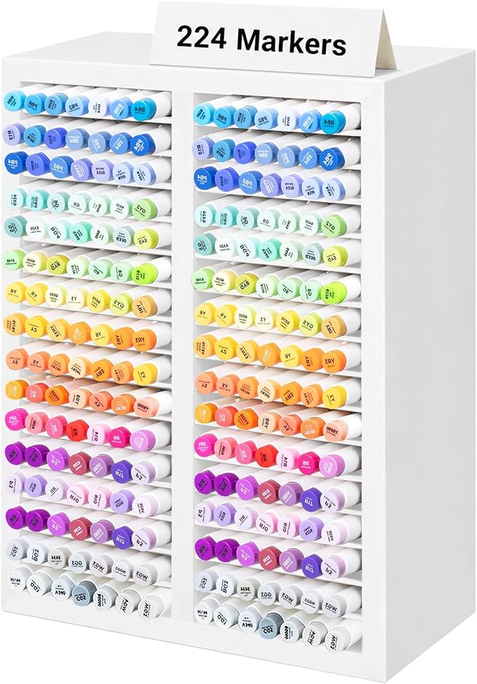 PROLEE Marker Organizer for 224 Markers,Wooden Marker Holder with 32 Slots, Pens Pencils Art Supply Alcohol Markers Storage Organizer for Desk Home Classroom Office Decor (White,15“x11”x5.2 “)
