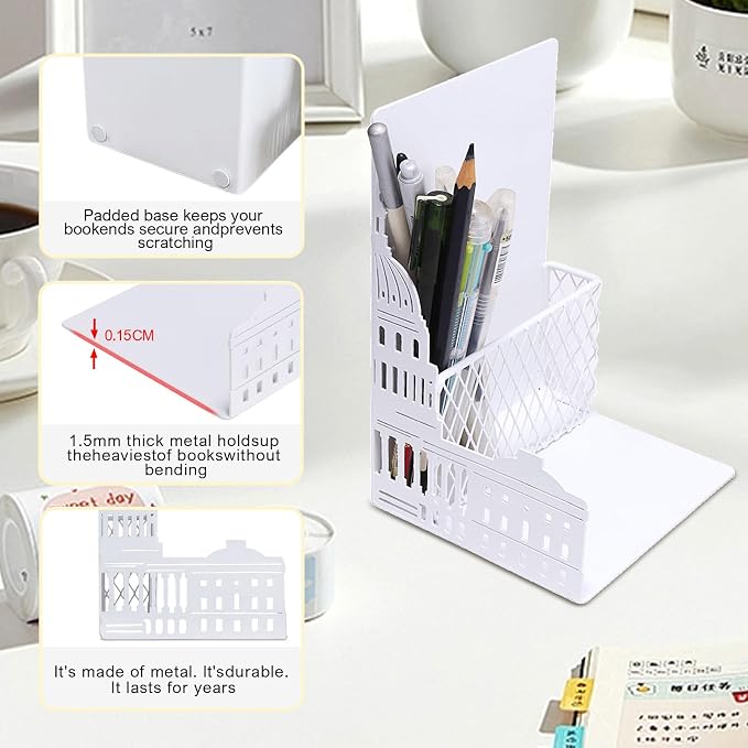 Capitol Book Ends Decorative for Shelves,ENCIMART 1.5mm Thickened Bookends with Pen Holder,Heavy Duty Metal Book Stopper Desk Organizer Holder for Office Gift (White)