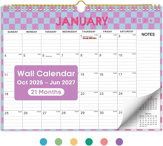 Calendar 2026-2027, Monthly Wall Calendar Runs Until June 2027, 11.5" x 14.8", Spiral Binding Hanging Wall Calendar, Perfect for Home or Office,Checkered