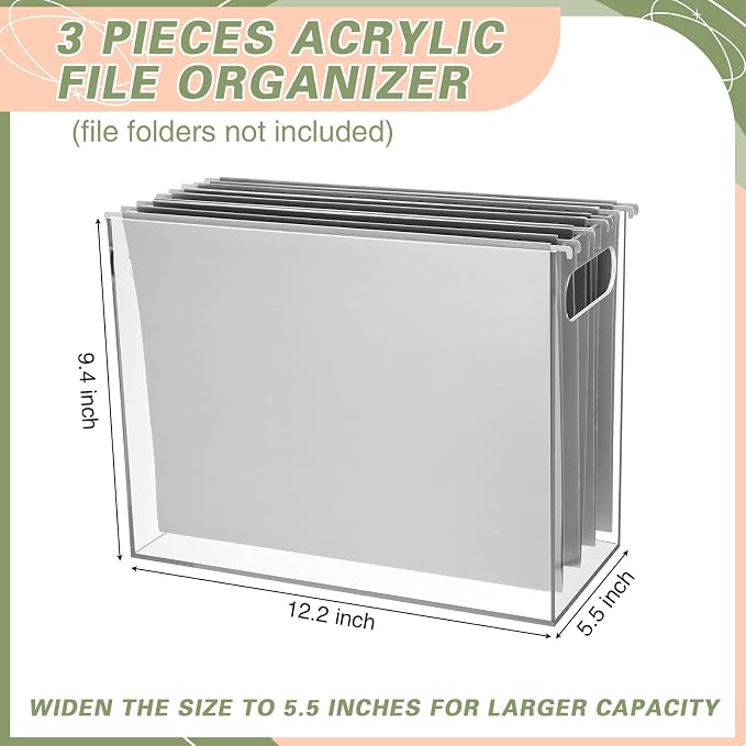 Thenshop 3 Pcs Acrylic File Organizer Acrylic Desktop File Box with Handle Hanging Folder Clear Holder Filing Box for Office Home School Letter Size Folder Storage, 12.2 x 5.5 x 9.4 Inch