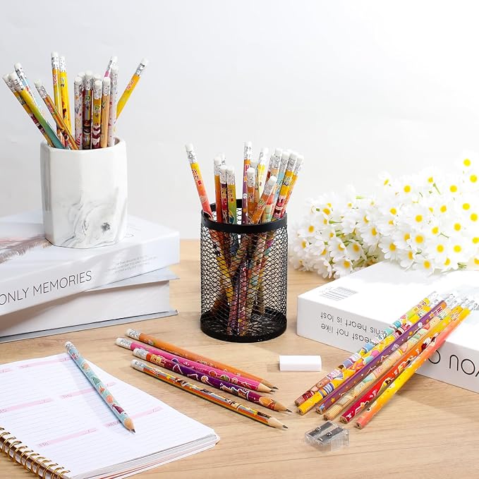 24 Pcs Happy Birthday Pencils for Students, Bulk Colorful Pencils with Top Erasers for Kids, Wood Writing Instruments for Teachers Classrooms Reward Birthday Party Supplies, 12 Assort Style