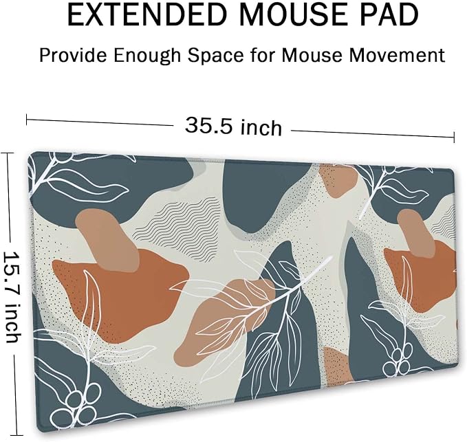 SSOIU Extended Gaming Mouse Pad (35.5x15.7 in), Large Stable Rubber Base Mousepad with Stitched Edges, Keyboard Mouse Mat Desk Pad for Work, Game, Office, Home - Abstract Flowers and Leave