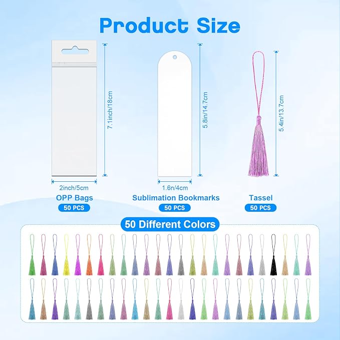 Sublimation Double Sided Bookmark Blanks - 50Pcs Metal Kit + 50 Colors Tassels, DIY Bookmarks for Book Lovers, Crafts, Reading Gifts
