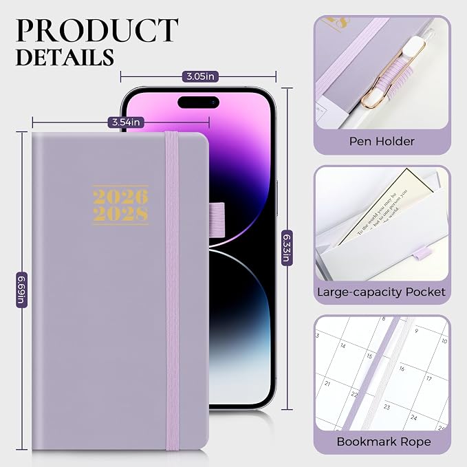 KONVINIT Pocket Calendar 2026-2028, 24-Month Pocket Calendar 2027 Planner Runs from July.2026 Until June.2028, Purple PU Monthly Planner with Inner Pocket, Pen Loop, Elastic Closure for School & Office Supplies, 3.54”×6.69”