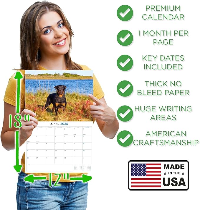 2025 2026 Rottweiler Calendar - Dog Breed Monthly Wall Calendar - 12" x 18" Open - Thick No-Bleed Paper - Giftable - Academic Teacher's Planner Calendar Organizing & Planning - Made in USA