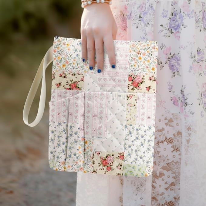 Gilprop Bible Book Sleeve with Zipper 11" x 9" Padded Protector Washable Quilted Book Covers Printed Bible Pouch with Handle Pockets Protector for Books Lover Christian Gifts(Spliced Flower)