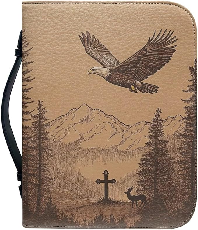 Leather Bible Cover Case, Book Cover with PU Bookmark, Bible Case,Brown Bible Covers for Men,Christian Gifts,Cross Deer and Bald Eagle,Small