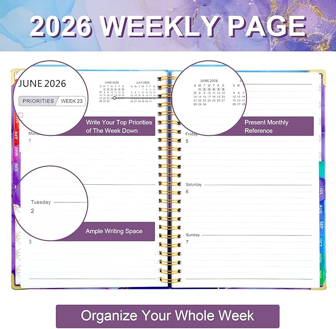 2026 Planner, Daily Weekly Monthly Planner with Tabs, 2026 monthly planner with Color Pen, Sticky Notes and Stickers, 6.2" x 8.5", Durable Twin Wire Binding, Storage Pocket - Purple Marble