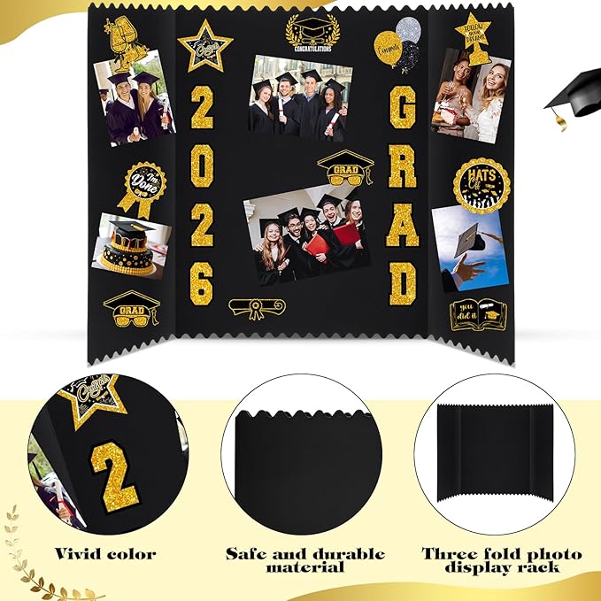 AmazingSpark 4 Sets Graduation Photo Display Board Trifold Poster Board with 12 Graduation Themed Stickers for 2026 Grad Party Decoration Picture Collage Frame Supplies (24 x 16,Black Gold)