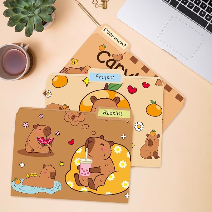 Xqumoi 12Pcs CAPY File Folders - Letter Size Cute Animal Decorative File Pockets with 1/3 Cut Tab Pretty Colored Folders for Office Home Classroom Supplies Documents Paper, 8.9 x 11.6 Inch
