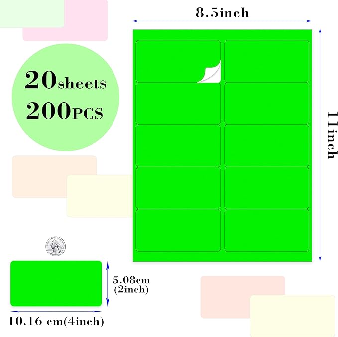 YSHIHE 2“ x 4“ Fluorescen Address Labels 5 Colors Neon Stickers for Inkjet or Laser Printer 8-1/2" x 11"Moving Lables for Shipping Envelopes Envelopes and Organization - 20 Sheets 200 PCS