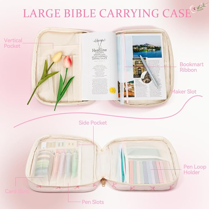 Bible Cover Case for Women Large Quilted Bible Carrying Bag with Handles Bible Study Supplies & Accessories Christian Gifts for Women(Cotton-Bow, M)