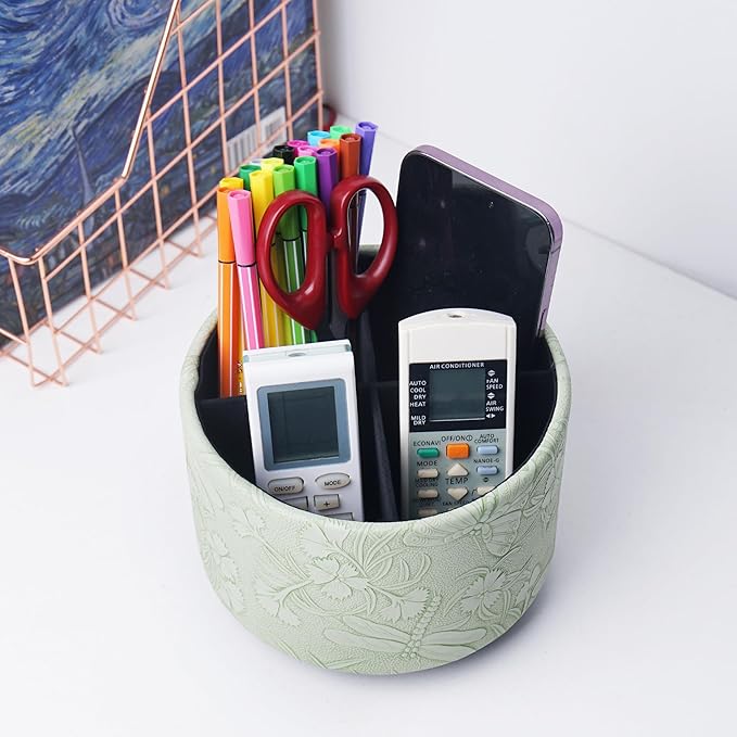 Round Leather Art Supply Organizer,Remote Control Holder,360-degree Rotating Pen Organizer with 4 Compartments(1-Butterfly Green2)