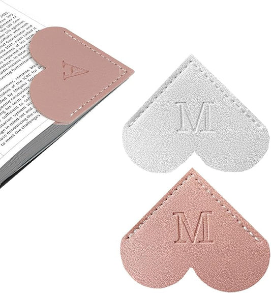 2Pcs Personalized Leather Heart Bookmark with Initial, 26 Letters Custom Corner Page Book Mark for Reading Women, Book Lovers, Teachers, Students, Cute Book Accessories Gifts(White+Pink, M)