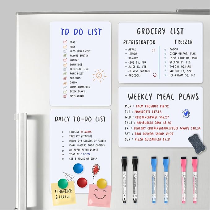 Magnetic Fridge Whiteboard Set: Dry Erase White Board (12X8), Magnets (Bonus), Markers & Erasers
