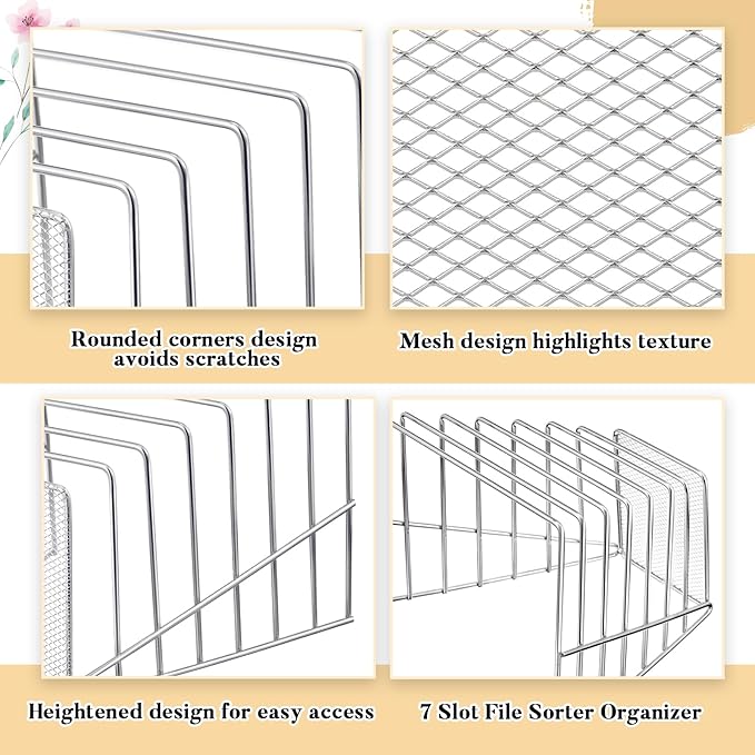 2 Pcs 7 Section Wire File Organizer for Desk, Metal Mesh Incline File Holder, Letter & Magazine Folder Rack, Desktop Paper Sorter for Home Office School (Silver)