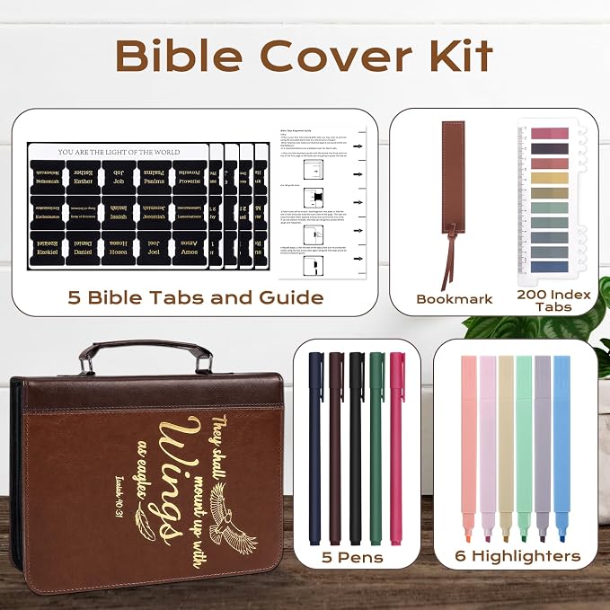 XKDOUS 20 Pcs Bible Cover Kit for Men Leather Book Carrying Case Church Bag Holder with Handle, Tabs, Pens, Study Supplies Christian Gift Father Day for Dad, Mom, Women, Friends