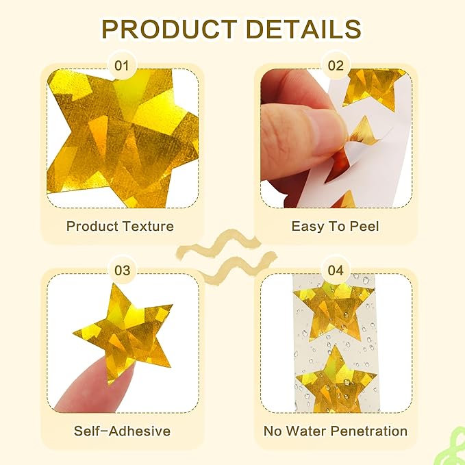 Gold Star Stickers for Kids Reward,Self-Adhesive Good Foil Star Stickers,Glitter Star Stickers Large 1 Inch,Holographic Stickers Chart for Kids Behavior,Students Teacher School Classroom 500 Pcs